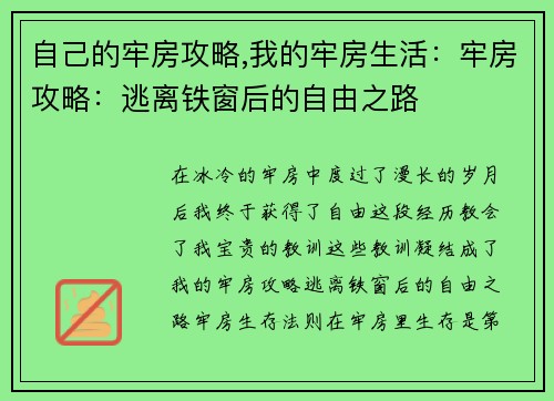自己的牢房攻略,我的牢房生活：牢房攻略：逃离铁窗后的自由之路